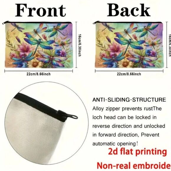 Vibrant Floral & Dragonfly Summer and Spring Makeup Bag - Double-Sided Printed - Picture 2 of 2